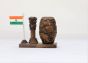 Wooden Pen Stand with Clock Ashok Stambh and National Flag Type 1 (Dark Brown)