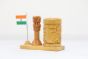 Wooden Pen Stand with Ashok Stambh and National Flag Type 5 (Natural 3)