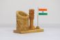 Wooden Pen Stand with Ashok Stambh and National Flag Type 7 (Natural 5)