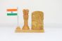 Wooden Pen Stand with Ashok Stambh and National Flag Type 7 (Natural 5)