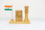 Wooden Pen Stand with Ashok Stambh and National Flag Type 8 (Natural 6)