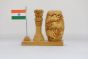 Wooden Pen Stand with Clock Ashok Stambh and National Flag Type 11 (Natural 9)