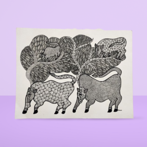 Painting Gond Art 4 Cows on Tree Black And White 15x11