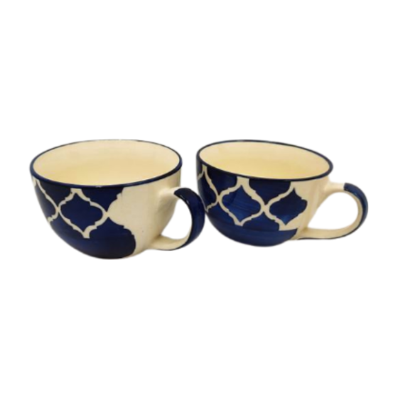 Khurja Pottery Soup Cup Blu Clr Wt Wht Line Set Of 2