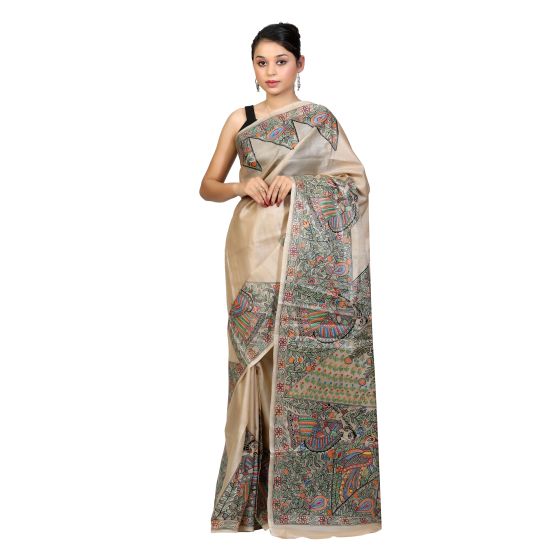 Saree Tussar Silk Madhubani Multicolour Image  1