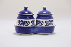 Khurja Pottery Jar + Tray  Wht Clr Wt Blu Line 2+1