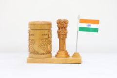 Wooden Pen Stand with Ashok Stambh and National Flag Type 5 (Natural 3)