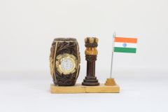 Wooden Pen Stand with Ashok Stambh and National Flag Type 21 (Dark Brown & Natural)