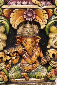 Wall Décor Wood Carving Saraswati Ganesha Panel Vertical Painted Multicolor(3 Feet)