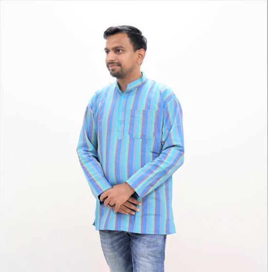 Cotton Short Kurta Full Sleeves (Broad Lines Light Blue 44)