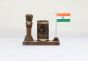 Wooden Pen Stand with Ashok Stambh and National Flag Type 2 (Dark Brown)