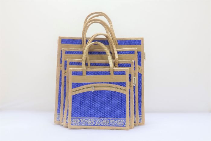 Jute Bag Combo Zipper Pack Set Of 4 Pc Blue 1