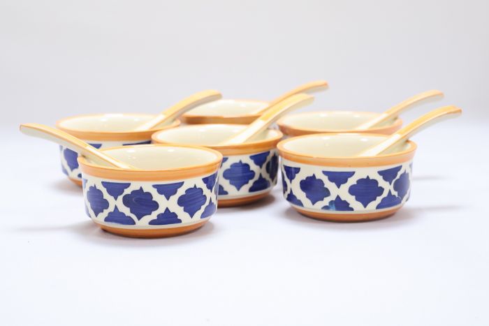 Khurja Pottery Soup Bowl Orange Wt Blu Prt 6+6 Pc