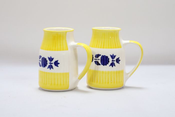 Khurja Pottery Milk Mug Chimni Wht & Yellow Wt Blu Flr Set Of 2