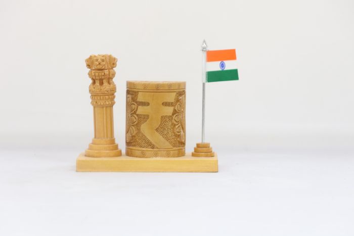 Wooden Pen Stand with Ashok Stambh and National Flag Type 9 (Natural 7)