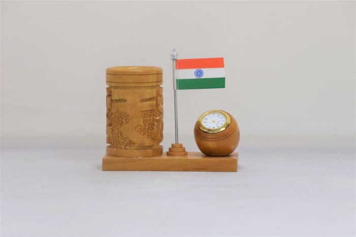 Wooden Pen Stand with Clock and National Flag Type 13 (Natural 10)