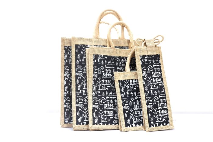 Jute Bag Combo Warliart Black Set Of 5Pc 