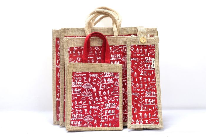 Jute Bag Combo Warliart Red Set Of 5Pc 