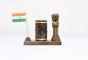 Wooden Pen Stand with Ashok Stambh and National Flag Type 2 (Dark Brown)