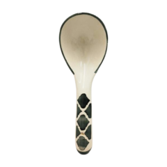 Khurja Pottery Serving Spoon Rnd Wht+Gray 9"