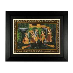 Miniature Painting Radha Krishna Silk With Frame 10*14" village Image 1