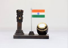 Wooden Ashok Stambh with National Flag & Clock Type 16 (Dark Brown)