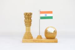 Wooden Ashok Stambh with National Flag & Clock Type 17 (Natural 12)