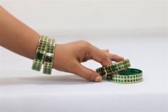 Glass Bangle set of 4 Green Check 2x6